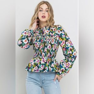 Blouse boutique Blue Floral Cotton Smocked Blouse